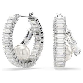 Ariana Grande X Swarovski Hoop Earrings Crystal Pearl, Baguette Cut, White, Rhodium Plated