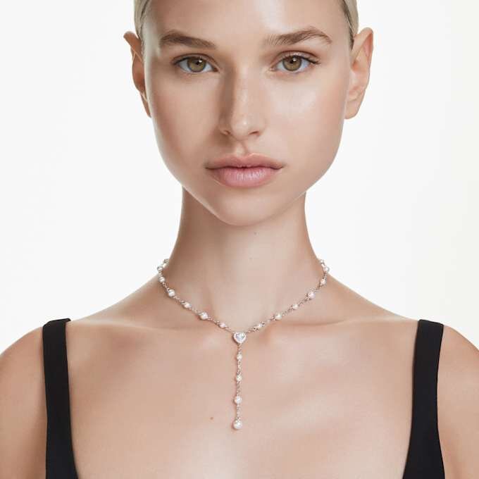 Ariana Grande X Swarovski Y Necklace Mixed Cuts, Crystal Pearl, Heart, White, Rhodium Plated Ariana Grande X Swarovski Y Necklace Mixed Cuts, Crystal Pearl, Heart, White, Rhodium Plated