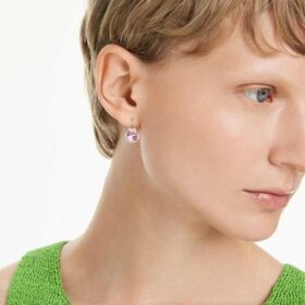 Bella V Drop Earrings Round Cut, Pink, Rhodium Plated