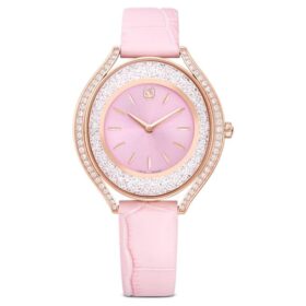 Crystalline Aura Watch Swiss Made, Leather Strap, Pink, Rose Gold-Tone Finish