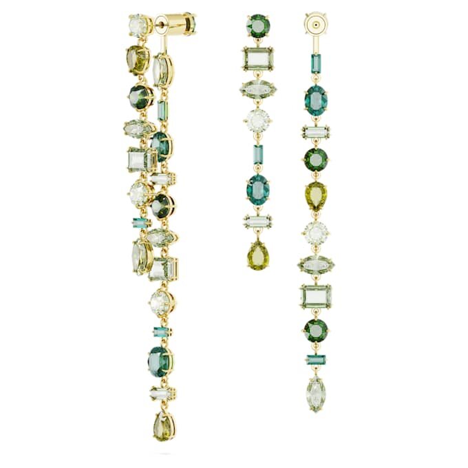 Gema Drop Earrings Asymmetrical Design, Mixed Cuts, Extra Long, Green, Gold-Tone Plated Gema Drop Earrings Asymmetrical Design, Mixed Cuts, Extra Long, Green, Gold-Tone Plated