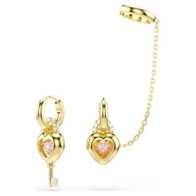 Idyllia Drop Earrings with Ear Cuff Mixed Cuts, Heart with Key, Pink, Gold-Tone Plated