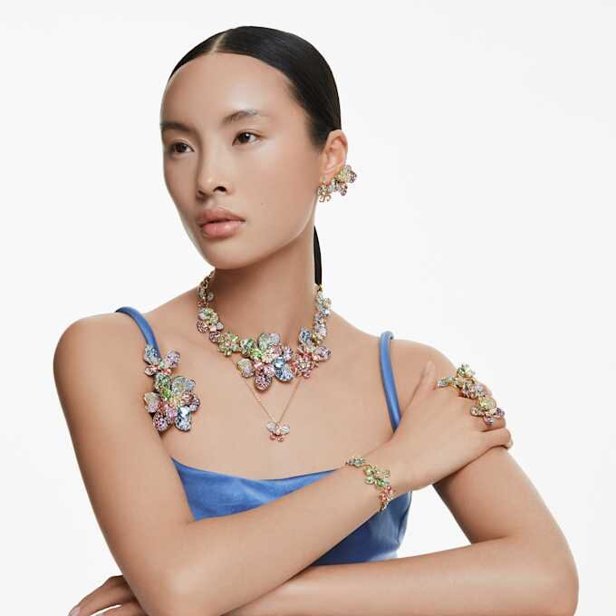 Idyllia Open Ring Mixed Cuts, Flower, Blue, Gold-Tone Plated Idyllia Open Ring Mixed Cuts, Flower, Blue, Gold-Tone Plated