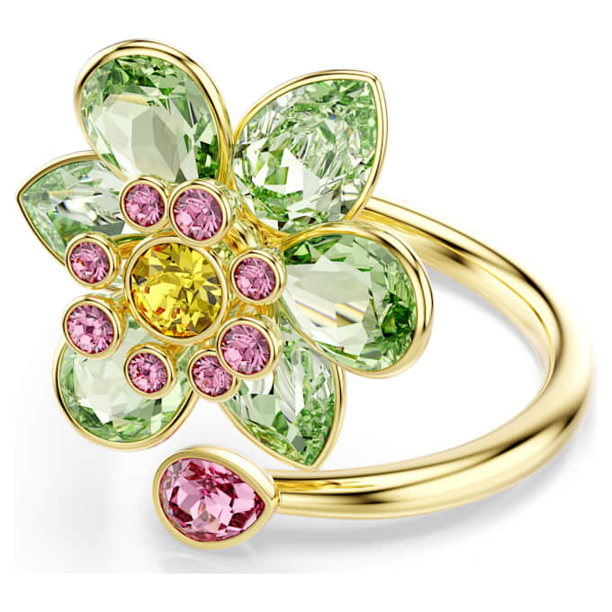 Idyllia Open Ring Mixed Cuts, Flower, Green, Gold-Tone Plated Idyllia Open Ring Mixed Cuts, Flower, Green, Gold-Tone Plated