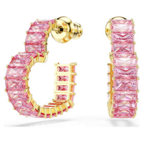 Matrix Hoop Earrings Baguette Cut, Heart, Small, Pink, Gold-Tone Plated
