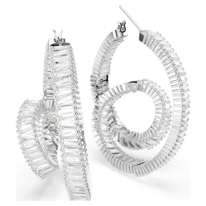 Matrix Hoop Earrings Baguette Cut, Ribbon, White, Rhodium Plated Matrix Hoop Earrings Baguette Cut, Ribbon, White, Rhodium Plated
