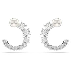 Matrix Hoop Earrings Crystal Pearl, Round Cut, White, Rhodium Plated