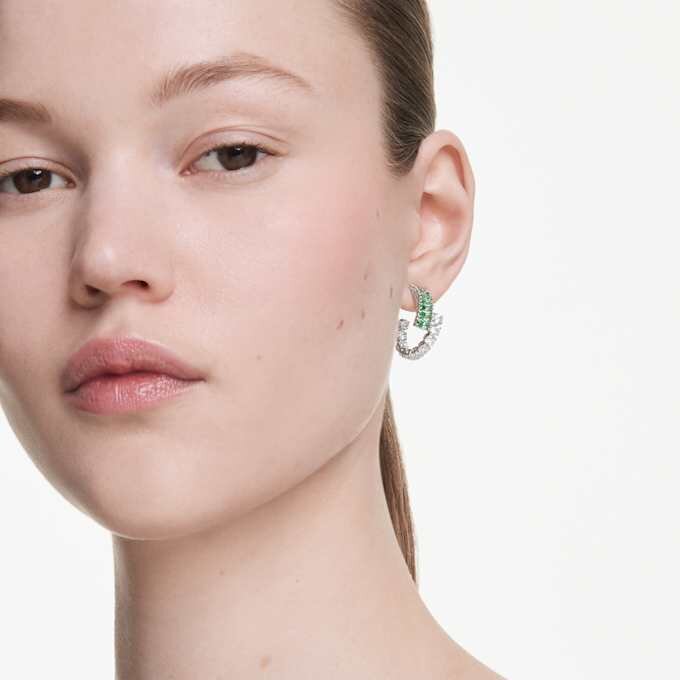 Matrix Hoop Earrings Mixed Cuts, Green, Rhodium Plated Matrix Hoop Earrings Mixed Cuts, Green, Rhodium Plated