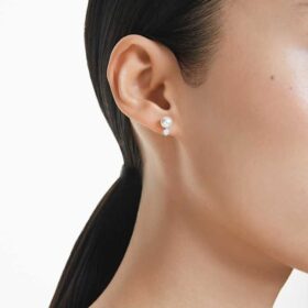 Matrix Stud Earrings Crystal Pearl, Round Cut, White, Rhodium Plated