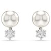 Matrix Stud Earrings Crystal Pearl, Round Cut, White, Rhodium Plated