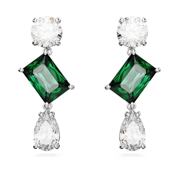 Mesmera Drop Earrings Mixed Cuts, Green, Rhodium Plated Mesmera Drop Earrings Mixed Cuts, Green, Rhodium Plated