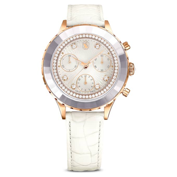 Octea Chrono Watch Swiss Made, Leather Strap, White, Rose Gold-Tone Finish Octea Chrono Watch Swiss Made, Leather Strap, White, Rose Gold-Tone Finish