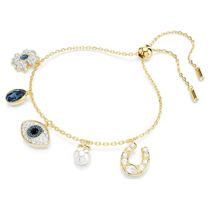 Symbolica Bracelet Crystal Pearl, Clover, Evil Eye and Horseshoe, Blue, Gold-Tone Plated Symbolica Bracelet Crystal Pearl, Clover, Evil Eye and Horseshoe, Blue, Gold-Tone Plated